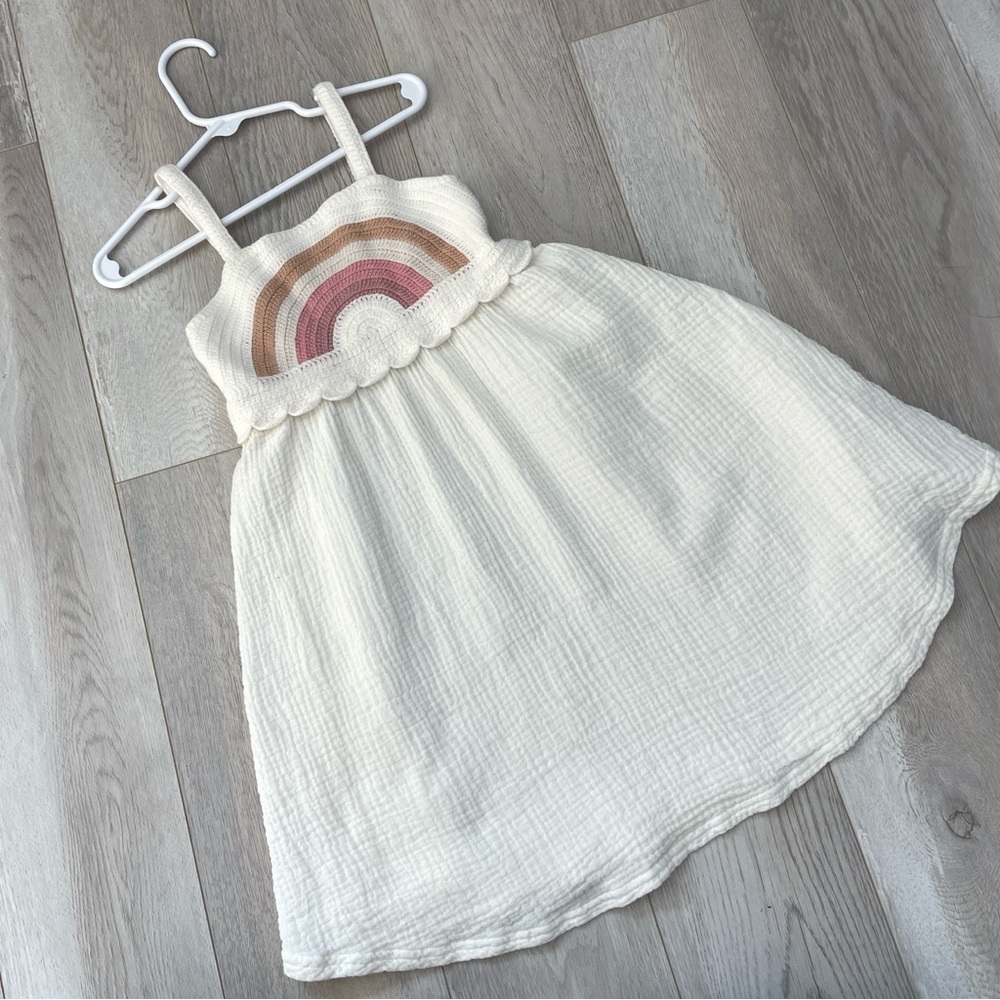 Golf Kids Dress cotton gauze crochet rainbow midi girls Cream (size 5-6Y) party
